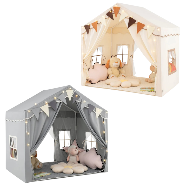 House Kids Play Tent (With Mat, String Lights and Pennant Garland)
