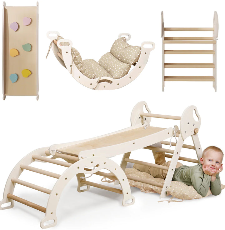 4in1 Montessori Climbing Set: Pikler Triangle, Arch, Slide Board, and Cushion for Toddlers