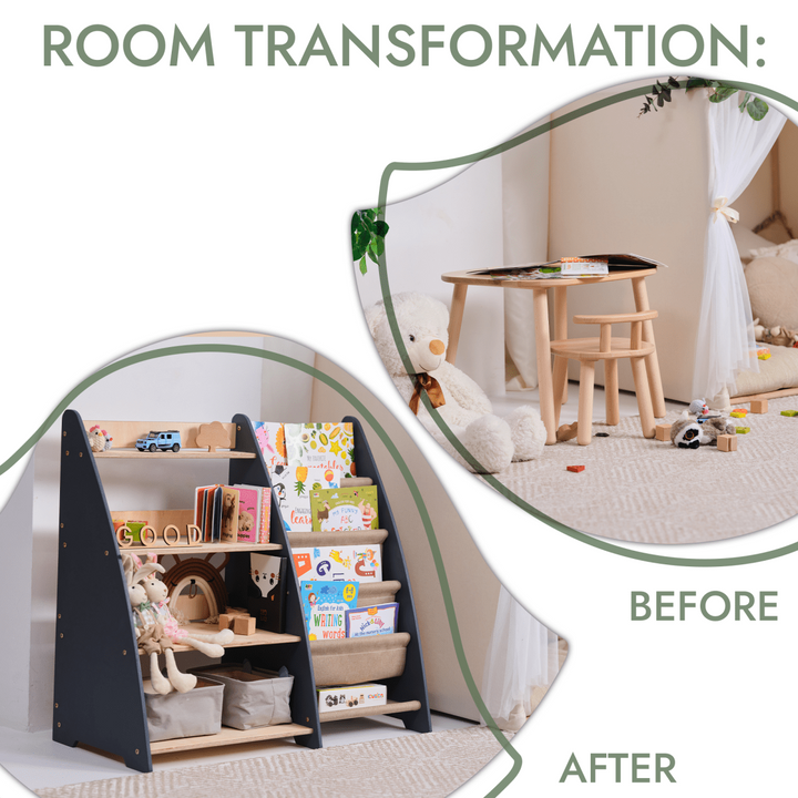 Room transformation before and after using a shelf, with text indicating a change from chaos to order.