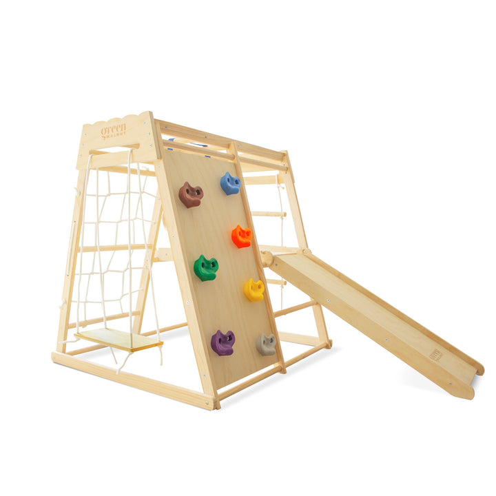 7-in-1 Indoor Jungle Gym Playset – Wooden Kids Climber (Slide, Net, Swing)