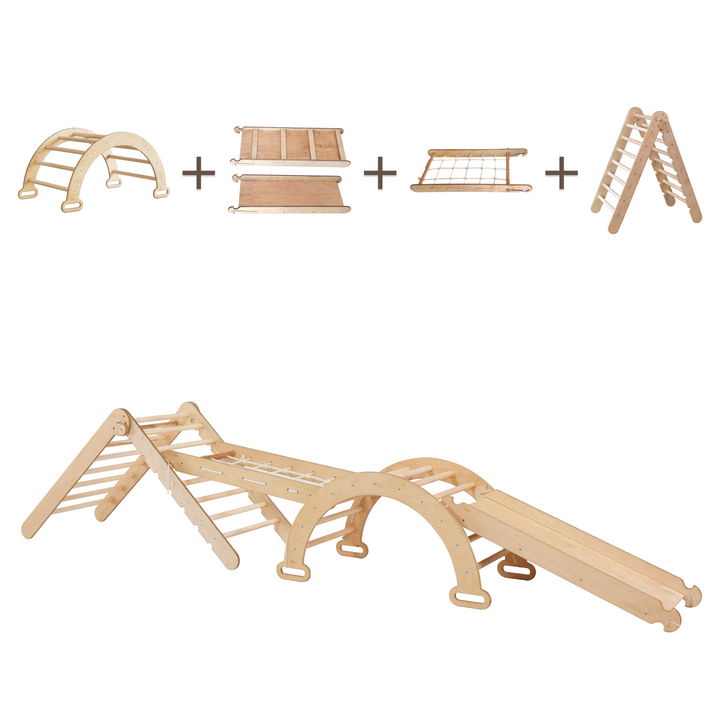 4 In 1 Montessori Climbing Frame Set: Triangle Ladder + Arch/Rocker + Slide/Ramp + Climbing Net