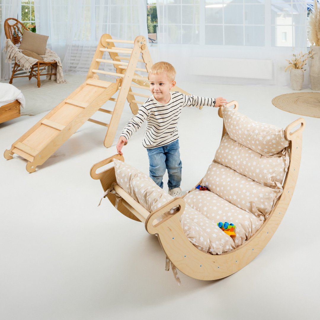 5-in-1 Montessori Wooden Climber Playset – Pikler Triangle, Rocker, Slide, Net & Cushion (Foldable Indoor Gym)