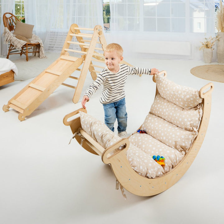 5-in-1 Montessori Wooden Climber Playset – Pikler Triangle, Rocker, Slide, Net & Cushion (Foldable Indoor Gym)