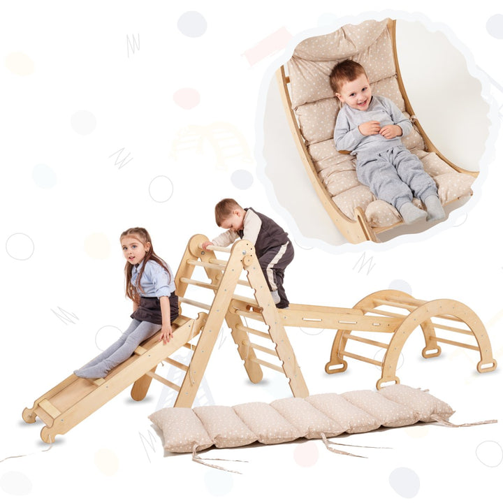 5-in-1 Montessori Wooden Climber Playset – Pikler Triangle, Rocker, Slide, Net & Cushion (Foldable Indoor Gym)