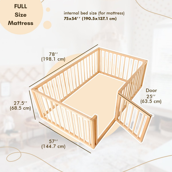 Twin Size Bed Frame for Toddlers with Fence (Twin or Full Size)