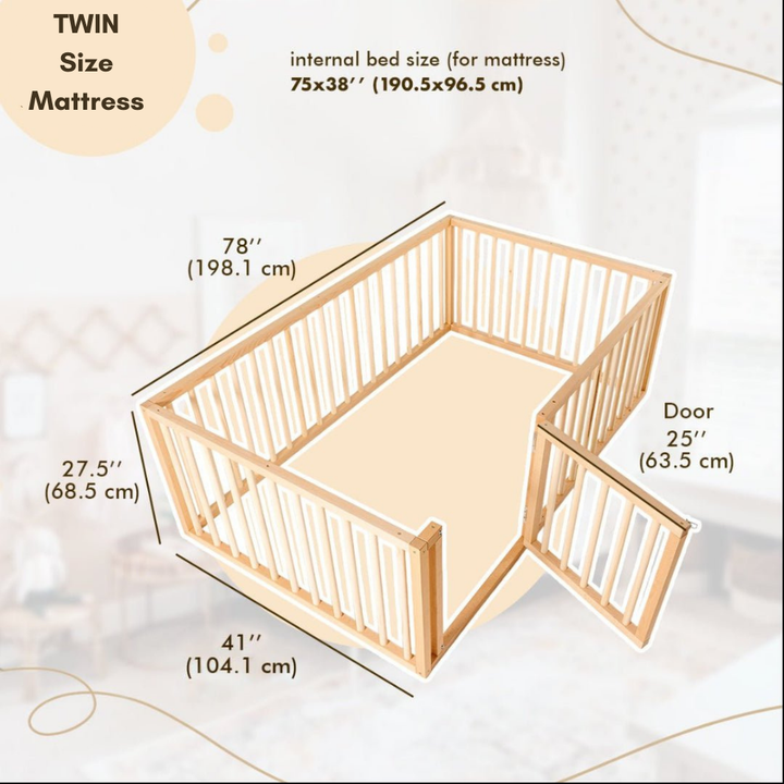 Twin Size Bed Frame for Toddlers with Fence (Twin or Full Size)