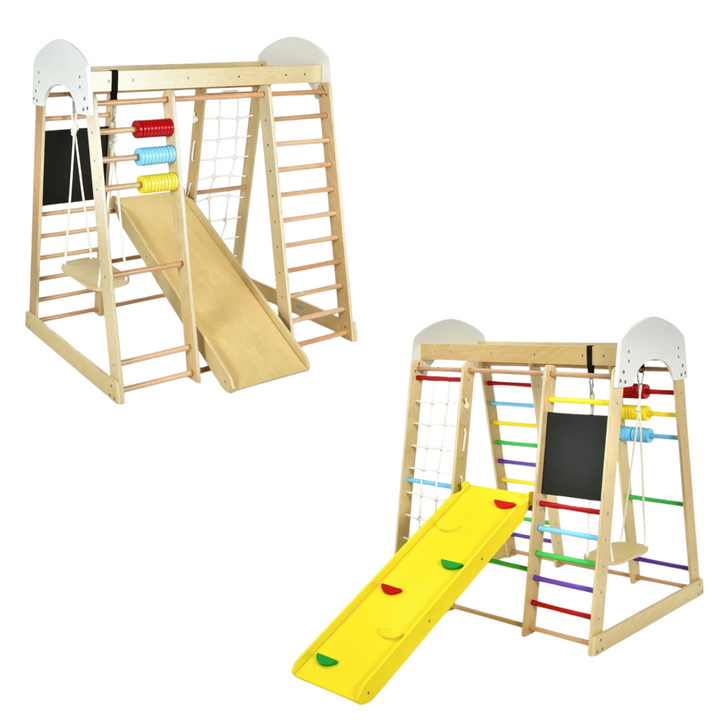 8-in-1 Indoor Jungle Gym Playset – Wooden Kids Climber with Slide & Swing