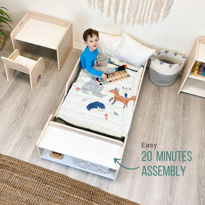 Montessori Floor Bed With Rails & Shelf (Junior) Made In Canada
