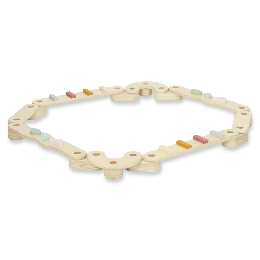 Wooden toy with colorful beads on a white background