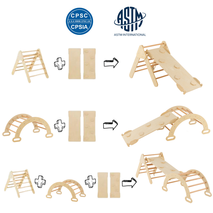 3-in-1 Pikler Climber Set – Triangle, Rocker Arch & Reversible Ramp (Foldable)