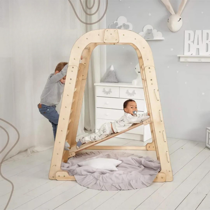 6-in-1 Wooden Climbing Frame Playset – Climber, Swing Set + Slide Board (Indoor Gym)