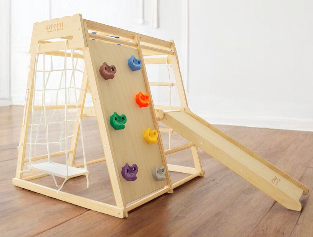 7-in-1 Indoor Jungle Gym Playset – Wooden Kids Climber (Slide, Net, Swing)