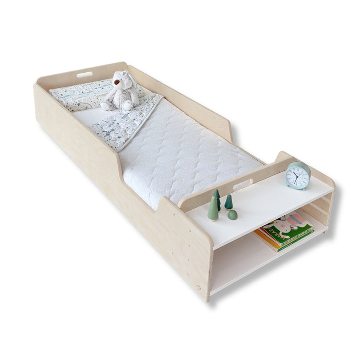 Montessori Floor Bed With Rails & Shelf (Junior) Made In Canada