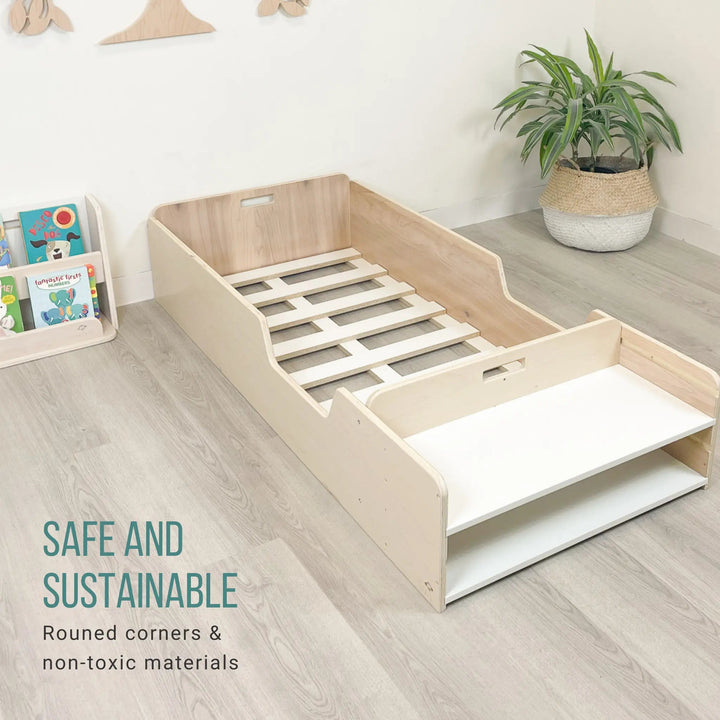 Montessori Floor Bed With Rails & Shelf (Junior) Made In Canada