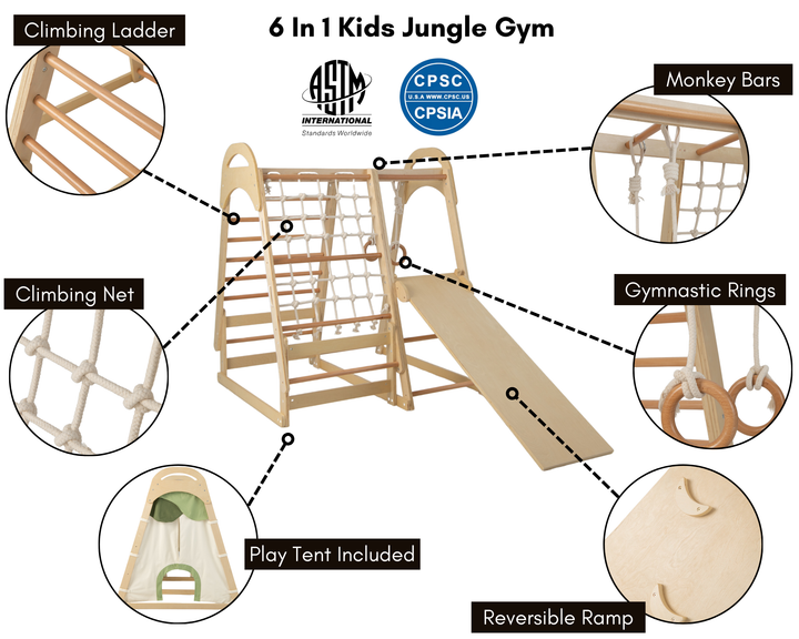 6-in-1 Indoor Jungle Gym Playset – Kids Wooden Climber with Slide & Swing
