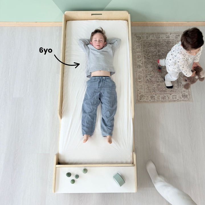 Montessori Floor Bed With Rails & Shelf (Junior) Made In Canada
