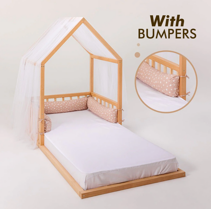 Montessori House Floor Bed With Fence and Roof  - Twin Size