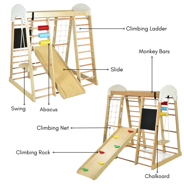8-in-1 Indoor Jungle Gym Playset – Wooden Kids Climber with Slide & Swing