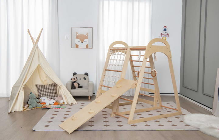 6-in-1 Indoor Jungle Gym Playset – Kids Wooden Climber with Slide & Swing