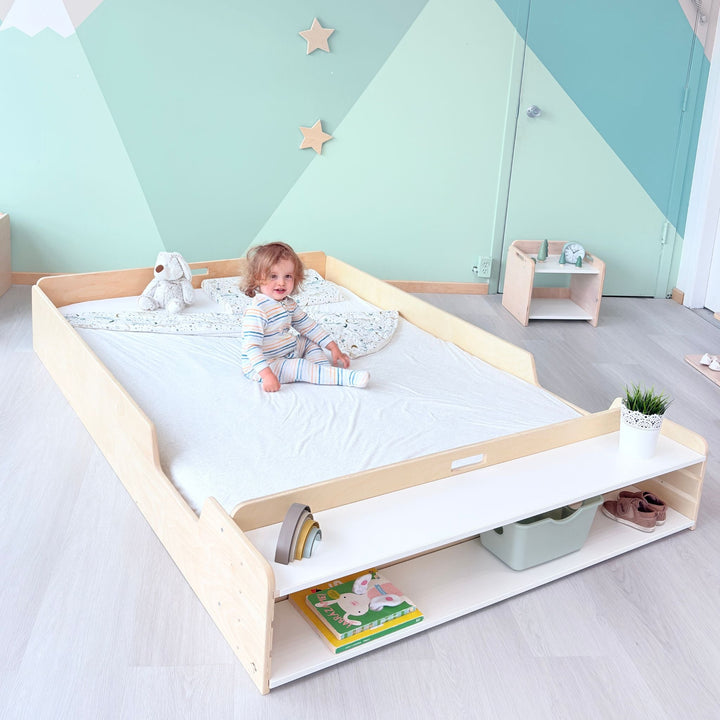 Montessori Floor Bed With Rails & Shelf (FULL) Made In Canada