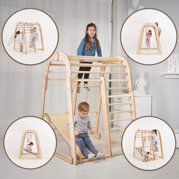 6-in-1 Wooden Climbing Frame Playset – Climber, Swing Set + Slide Board (Indoor Gym)