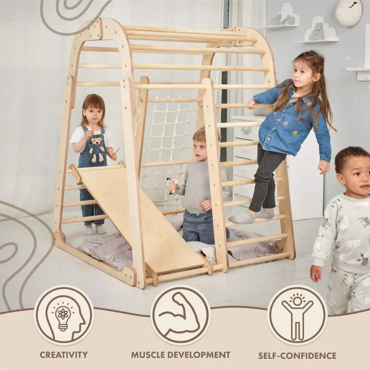 6-in-1 Wooden Climbing Frame Playset – Climber, Swing Set + Slide Board (Indoor Gym)
