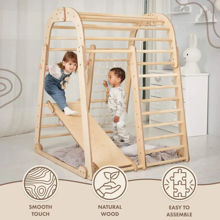 6-in-1 Wooden Climbing Frame Playset – Climber, Swing Set + Slide Board (Indoor Gym)