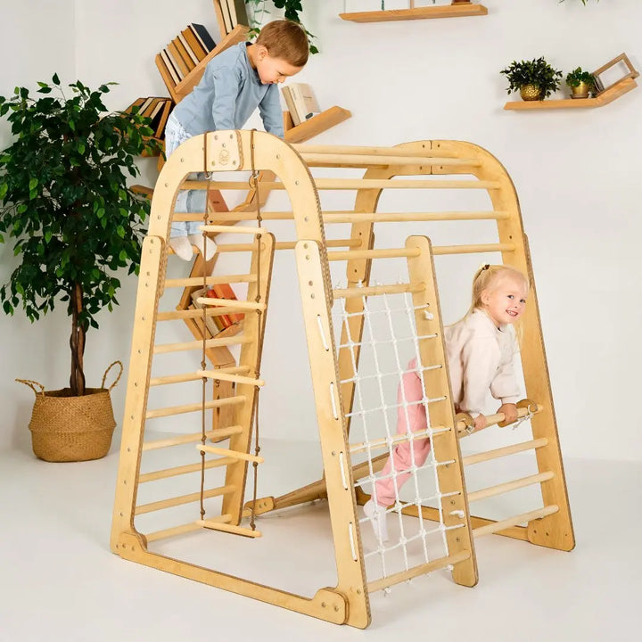 6-in-1 Wooden Climbing Frame Playset – Climber, Swing Set + Slide Board (Indoor Gym)