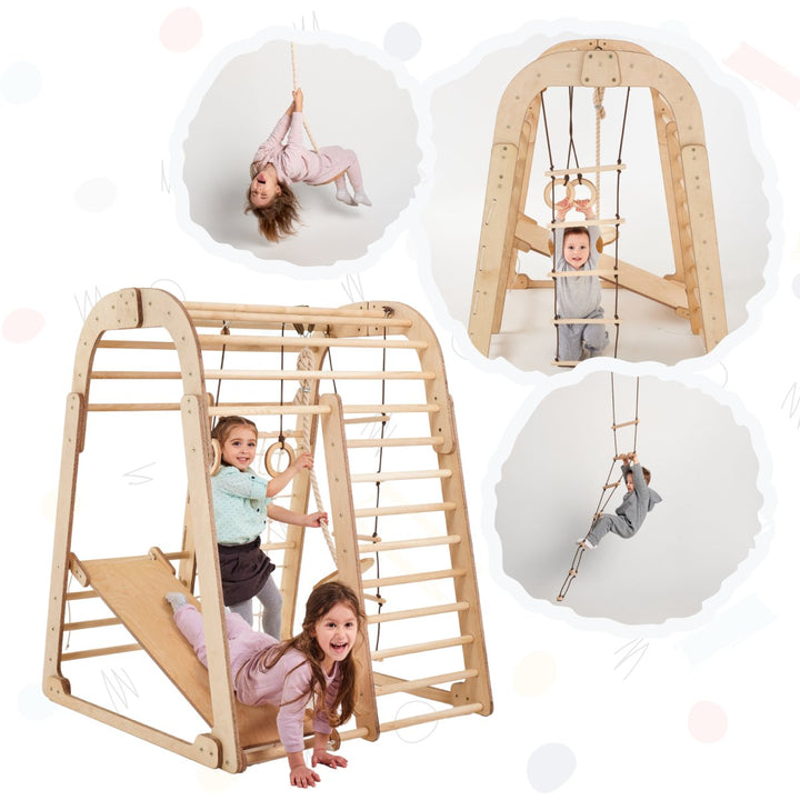 6-in-1 Wooden Climbing Frame Playset – Climber, Swing Set + Slide Board (Indoor Gym)