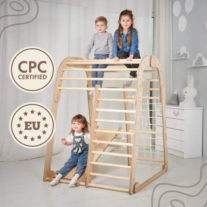 6-in-1 Wooden Climbing Frame Playset – Climber, Swing Set + Slide Board (Indoor Gym)