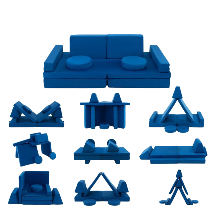 Set of blue modular furniture pieces on a white background