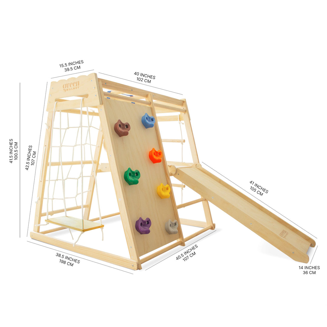 7-in-1 Indoor Jungle Gym Playset – Wooden Kids Climber (Slide, Net, Swing)