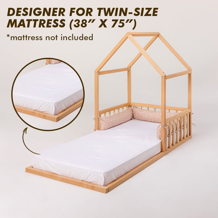 Montessori House Floor Bed With Fence and Roof  - Twin Size