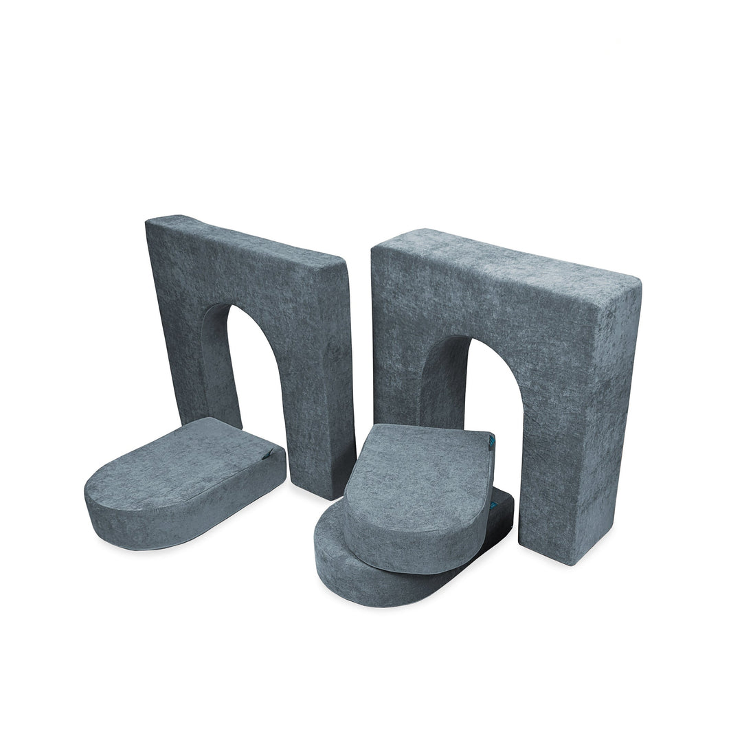 A set of gray foam doors and arches designed for modular play, part of the Go Coconut Doors Bundle.