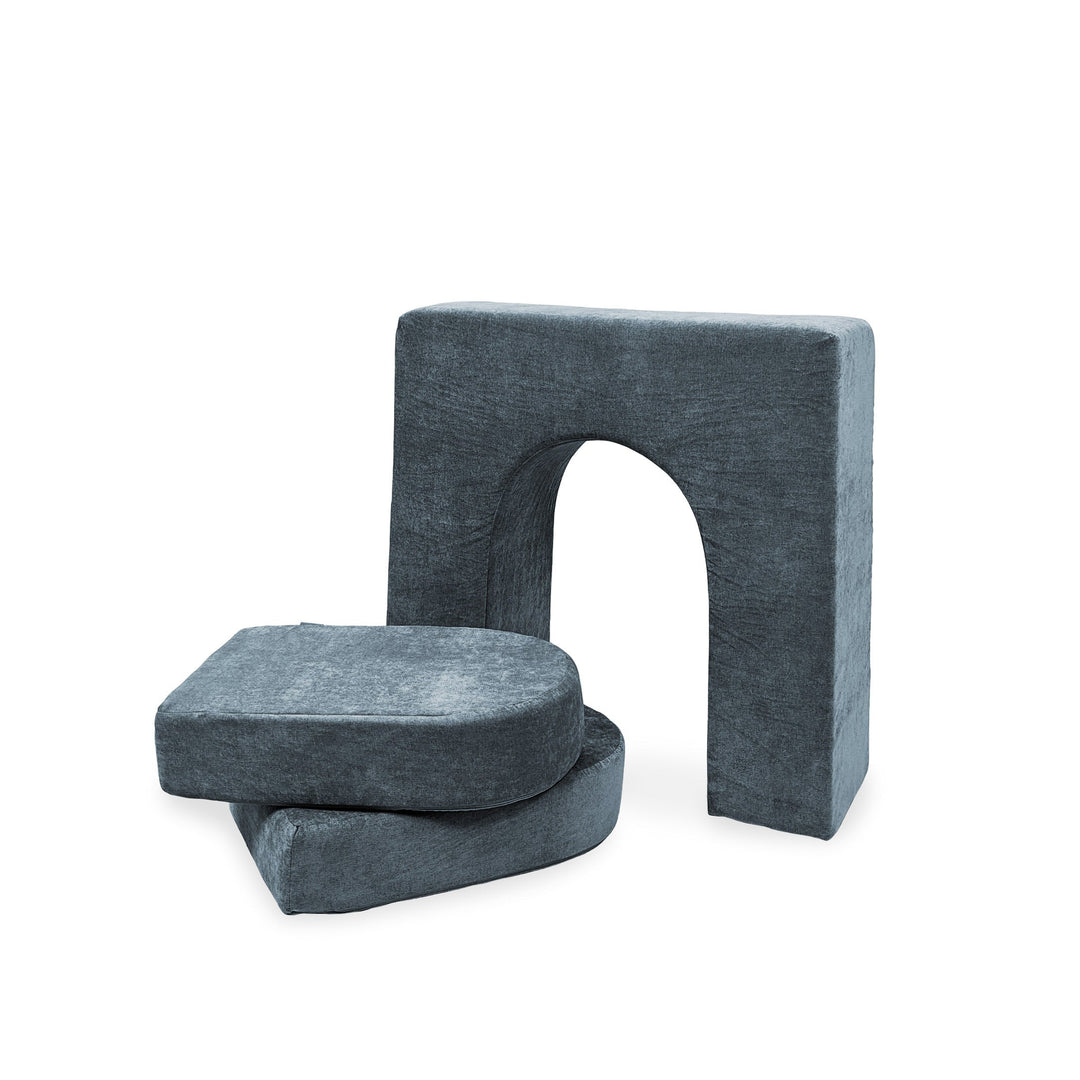 A set of gray modular foam pieces designed for play, including walls and doors, with the Go Coconut brand logo visible.