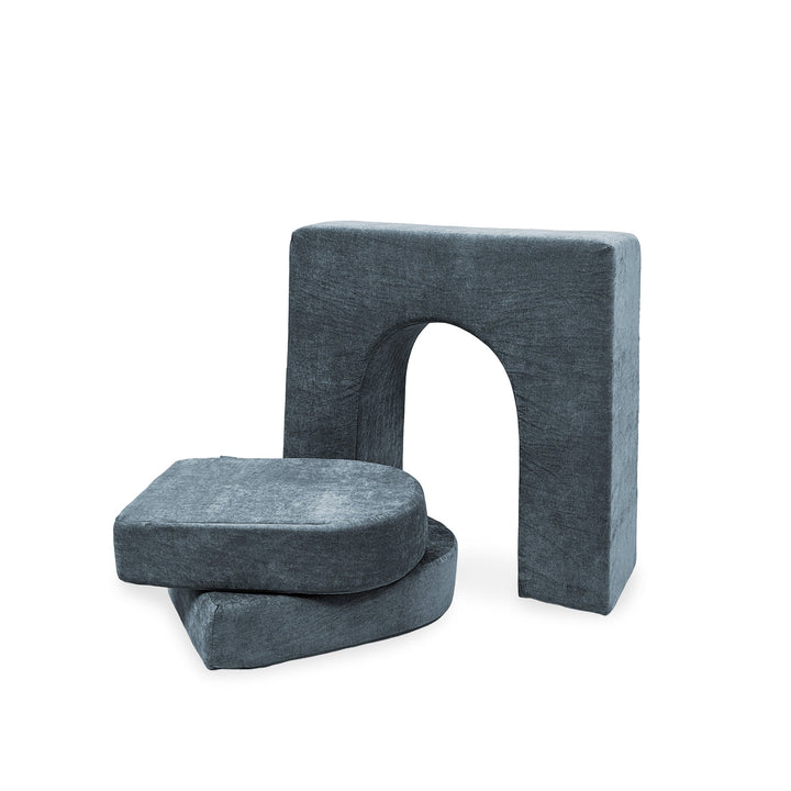 A set of gray modular foam pieces designed for play, including walls and doors, with the Go Coconut brand logo visible.