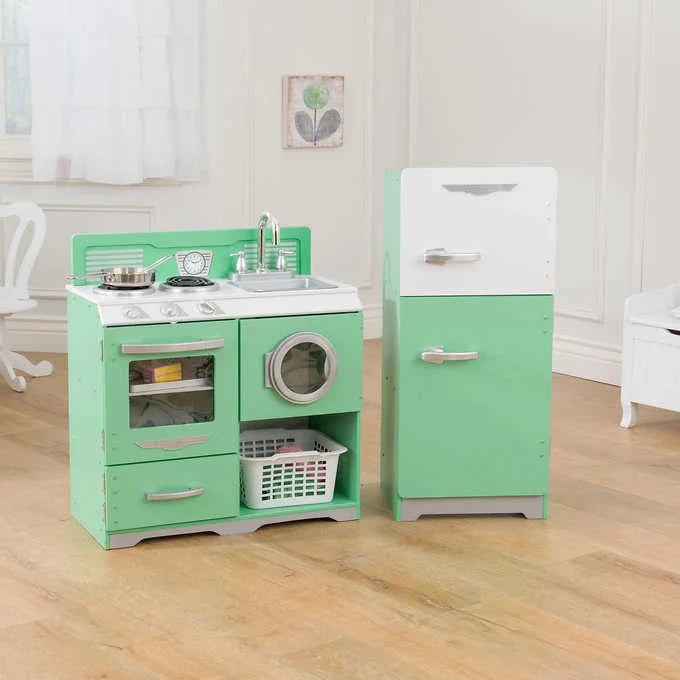 Green and white pretend play kitchen with fridge