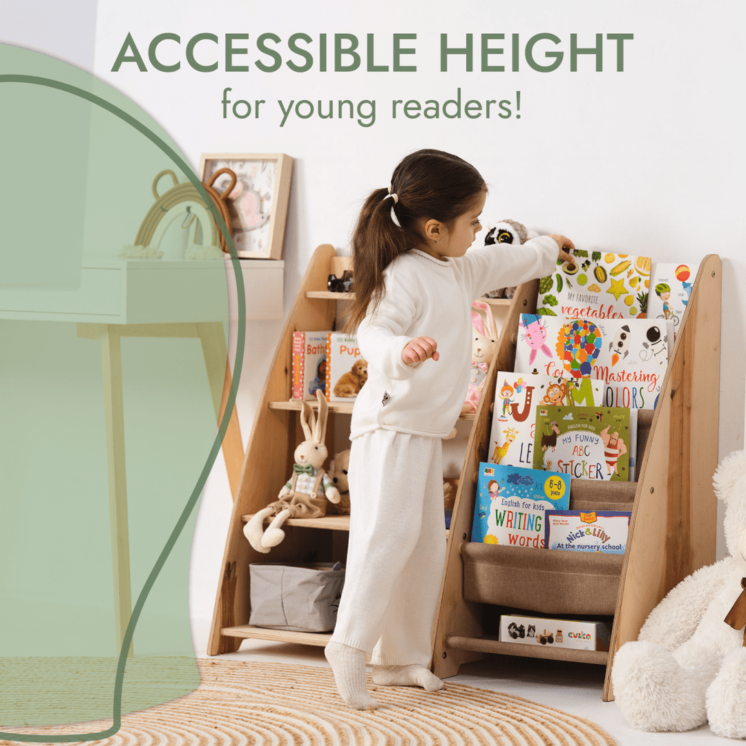 Child interacting with a children's bookshelf filled with books and toys, with text indicating accessible height for young readers.