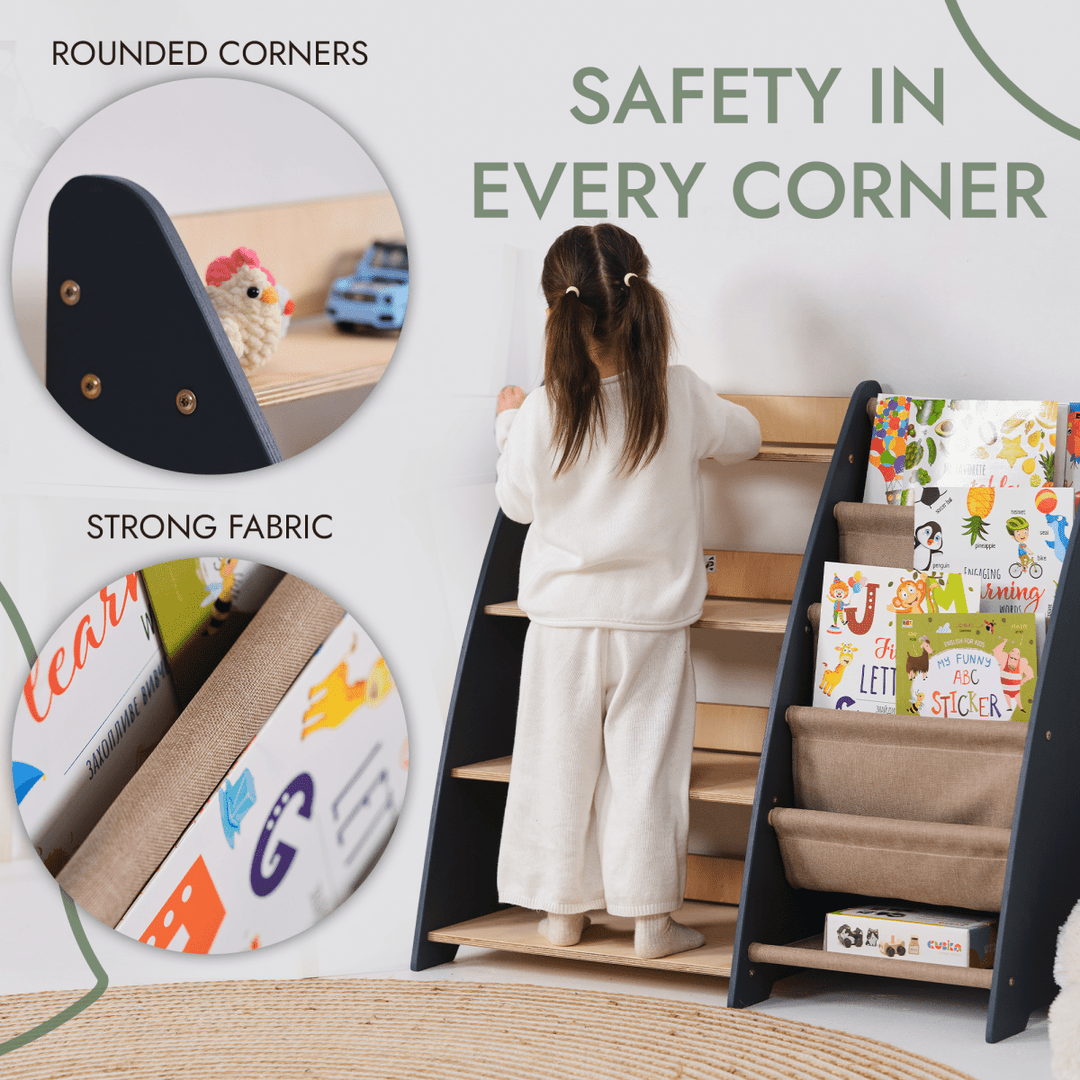 Children's bookshelf with safety features and a child interacting with it.