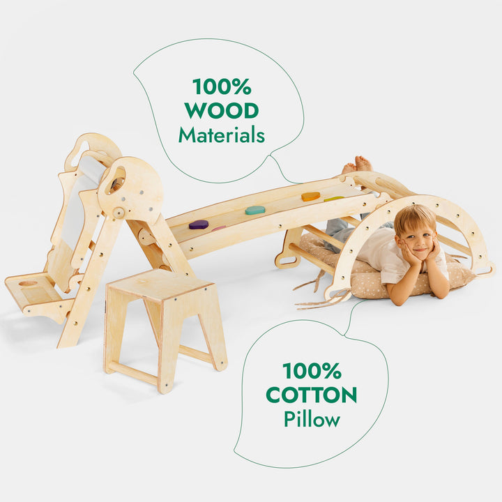 5in1 Montessori Climbing Set: Pikler Triangle, Arch, Slide Board, Art Addition and Cushion for Toddlers (1–3 Years)