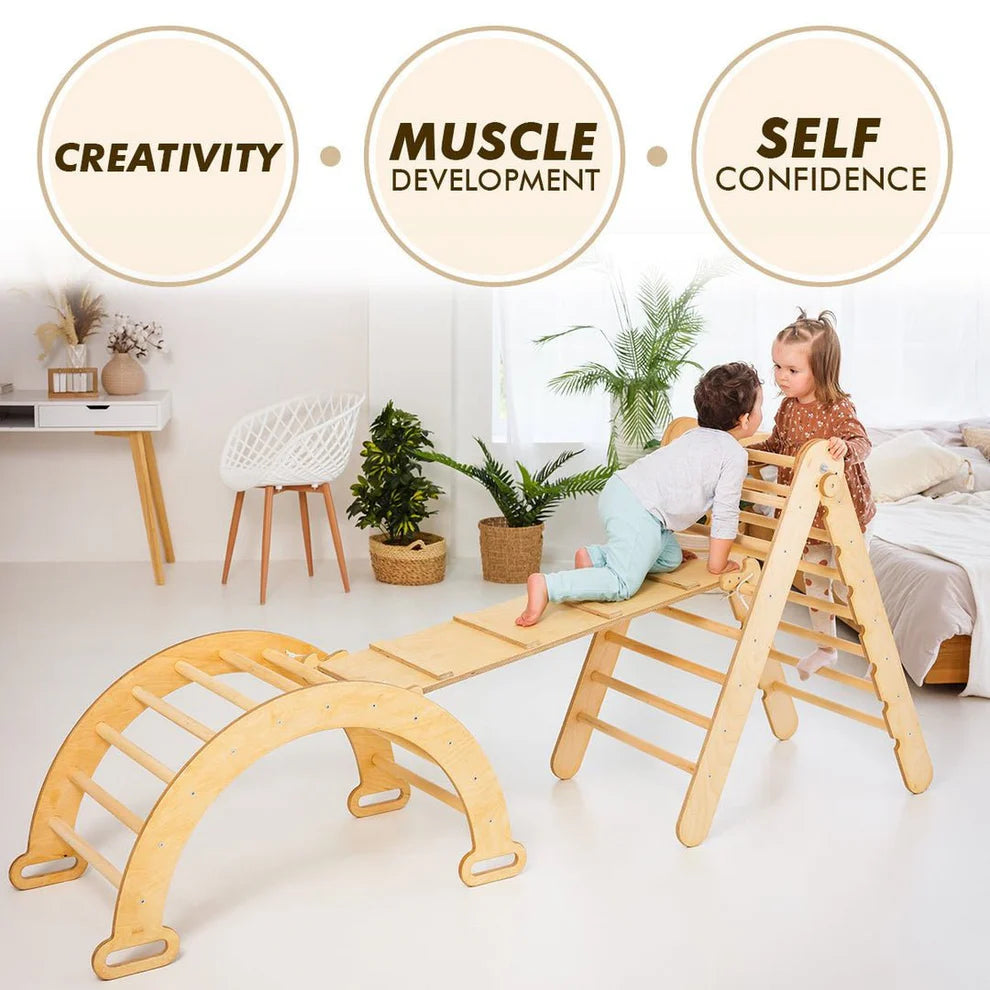 4 In 1 Montessori Climbing Set: Triangle Ladder + Climbing Arch + Slide Board + Cushion