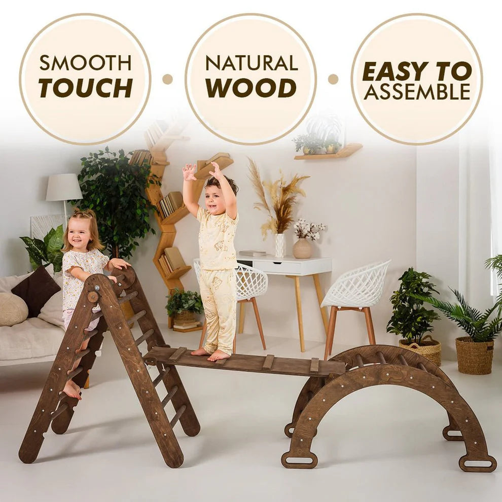 3 In 1 Montessori Climbing Set: Triangle Ladder + Wooden Arch + Slide Board – Chocolate