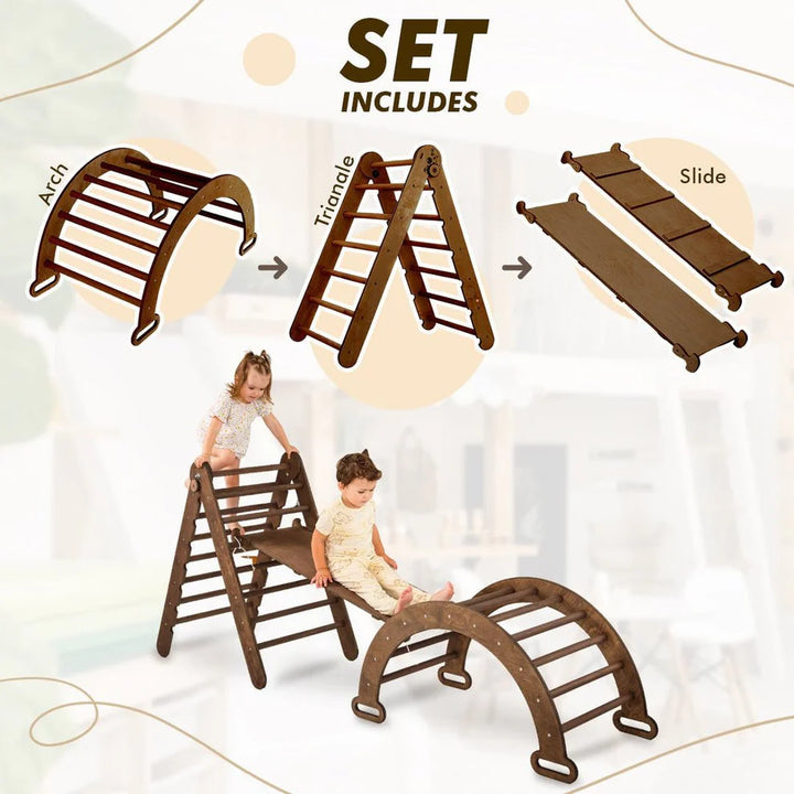 3 In 1 Montessori Climbing Set: Triangle Ladder + Wooden Arch + Slide Board – Chocolate