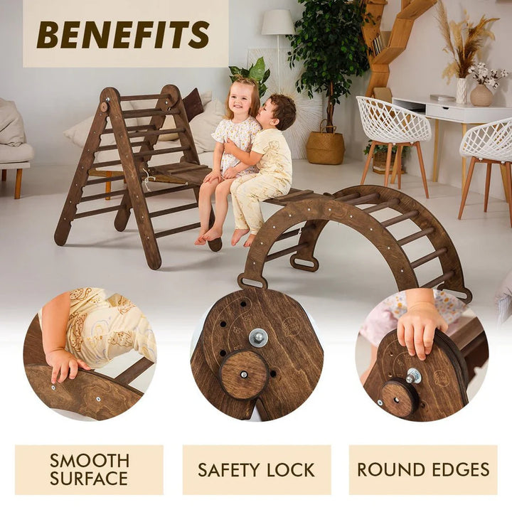 3 In 1 Montessori Climbing Set: Triangle Ladder + Wooden Arch + Slide Board – Chocolate