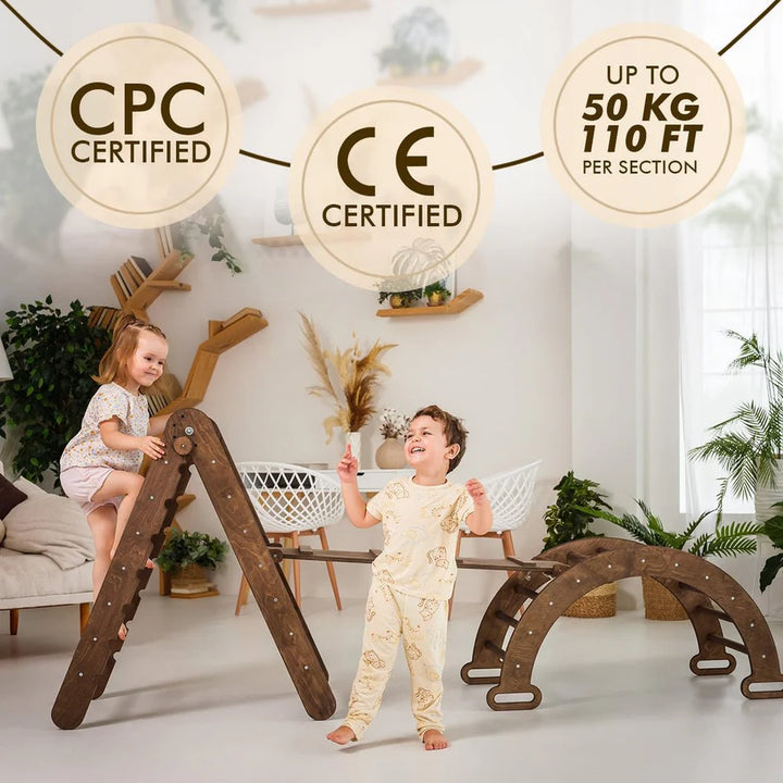 3 In 1 Montessori Climbing Set: Triangle Ladder + Wooden Arch + Slide Board – Chocolate