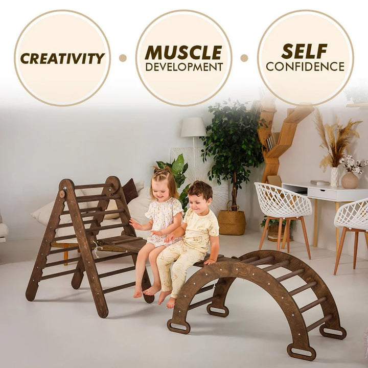 3 In 1 Montessori Climbing Set: Triangle Ladder + Wooden Arch + Slide Board – Chocolate