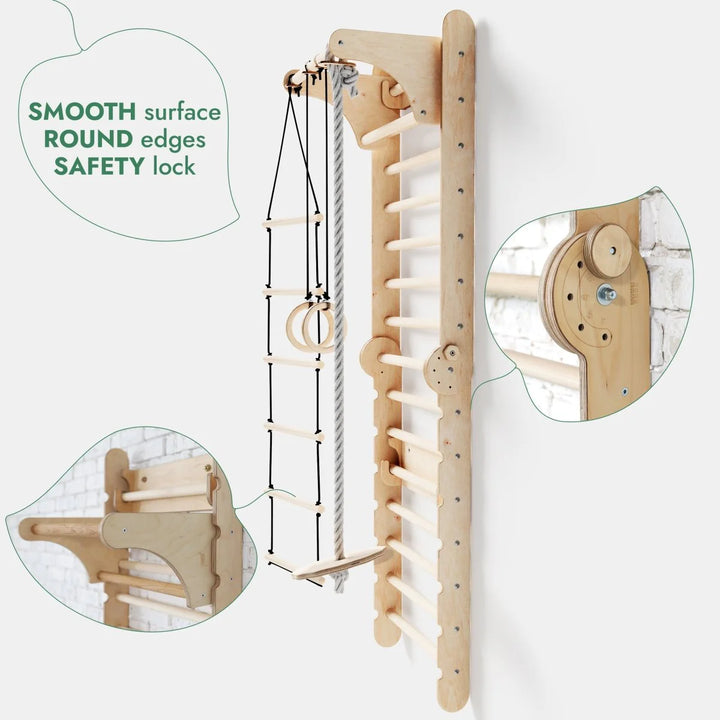 3 In 1 Climbing Set: Adjustable Pikler Triangle + Swedish Ladder Wall Attachments + Reversible Ramp + Swing Set