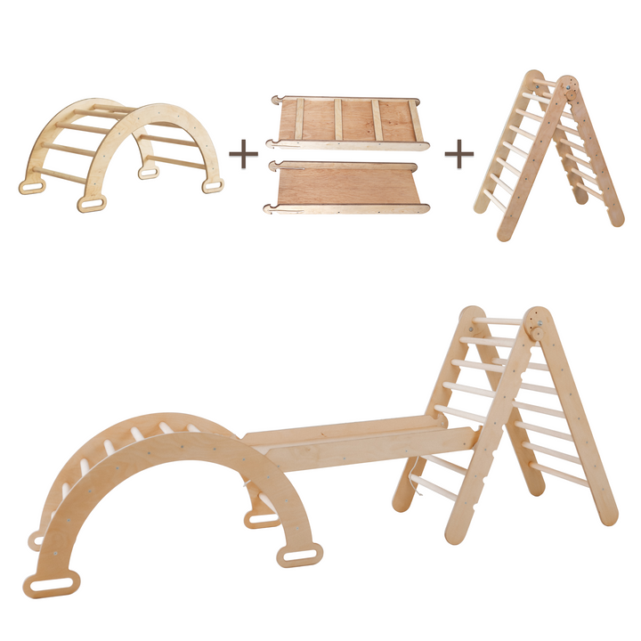 3 In 1 Montessori Climbing Set: Triangle Ladder + Wooden Arch + Slide Board – Beige