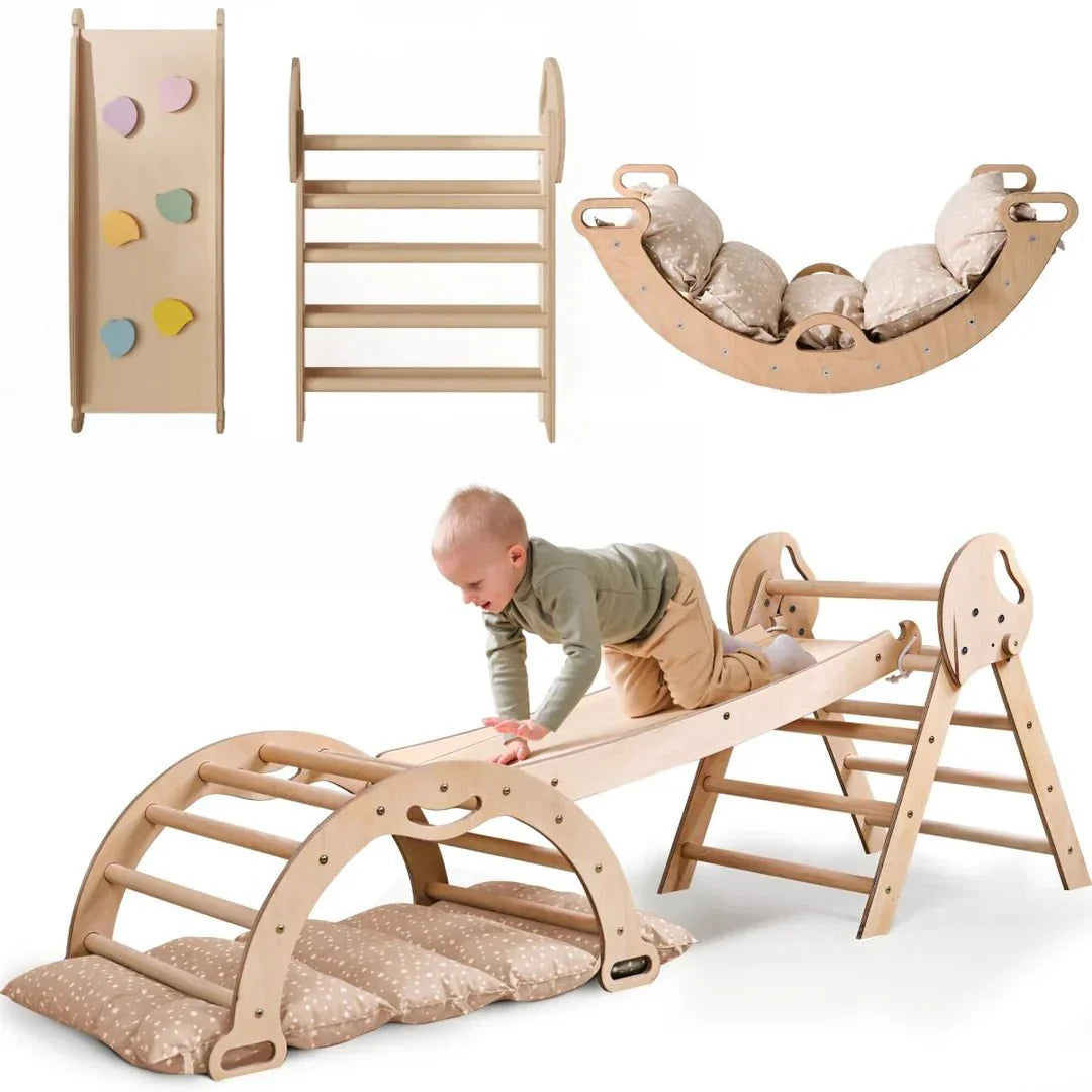 4in1 Montessori Climbing Frame: Pikler Triangle + Arch + Slide Board + Cushion for Toddlers (1–3 Years) - Beige