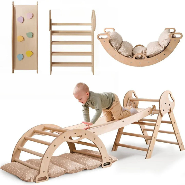 4in1 Montessori Climbing Frame: Pikler Triangle + Arch + Slide Board + Cushion for Toddlers (1–3 Years) - Beige
